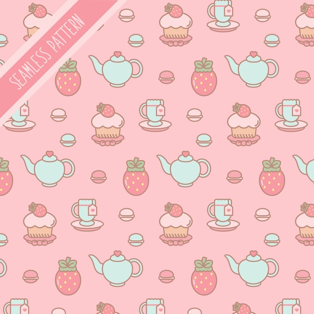 Set of editable pink tea and strawberries patterns  