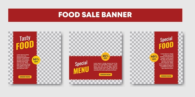 Vettore set di design del modello di banner quadrato modificabile per post di cibo sul marketing digitale progettazione del layout per la promozione della vendita di cibo con tema culinario di illustrazione vettoriale di colore rosso e giallo