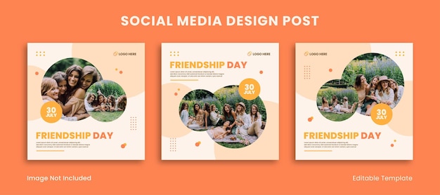 Set di modelli modificabili social media design post con cerchio trasparente in tema di colore arancione festeggia la giornata internazionale dell'amicizia
