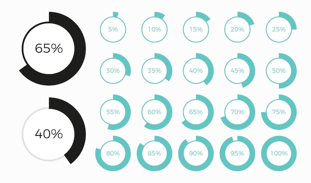 Set di elementi di design grafico a torta infografica rotondi in stile linea modificabile con percentuali