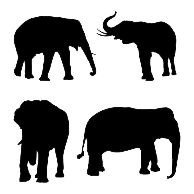 Vector set of editable vector silhouettes of african elephants in various poses