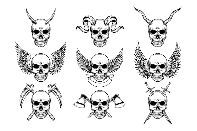 Vector set of editable vintage skulls with horns, wings, and weapons, illustration in black and white