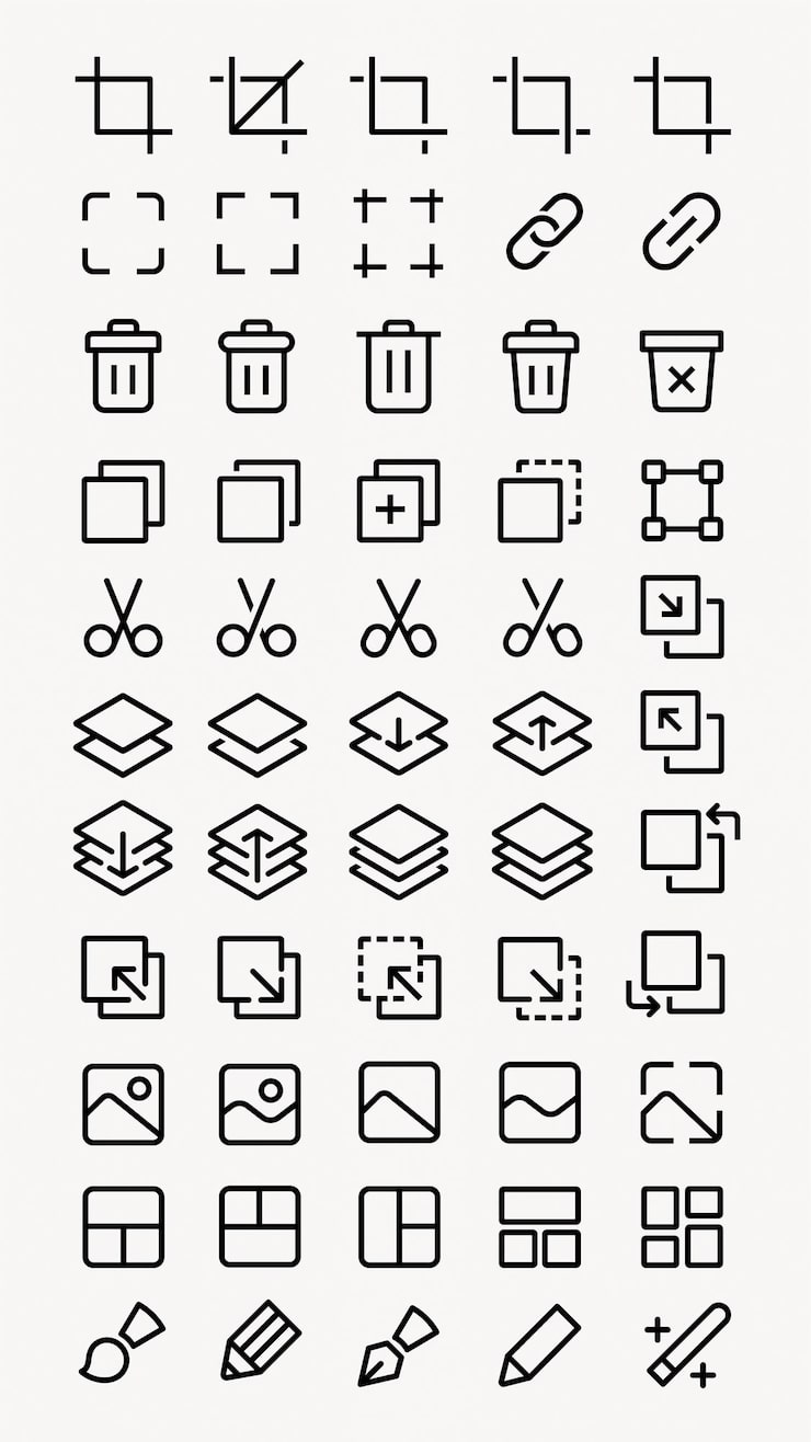 Vector set of editing icons crop delete link scissors layers rotate simple black line icons for editing tasks perfect for design editing and ui projects user interface icons ui icon vector set