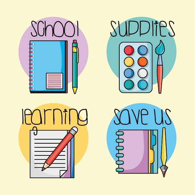 set education school utensils icons