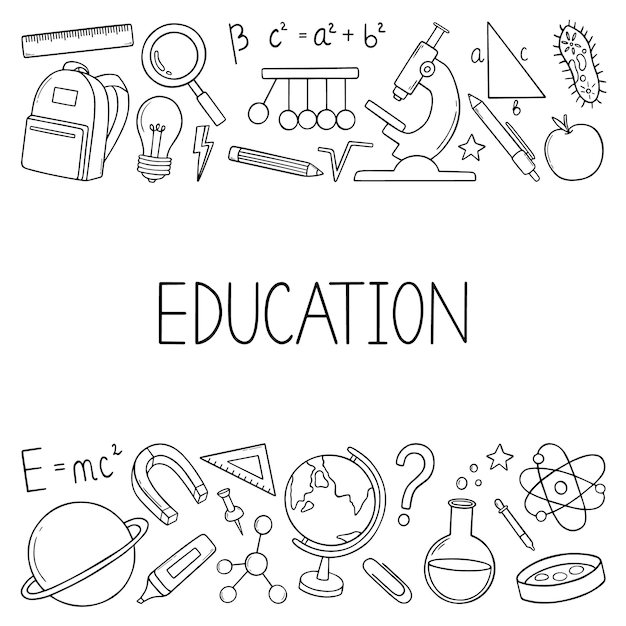 Vector set of education and science doodle formulas in physics and mathematics laboratory equipment in sketch style