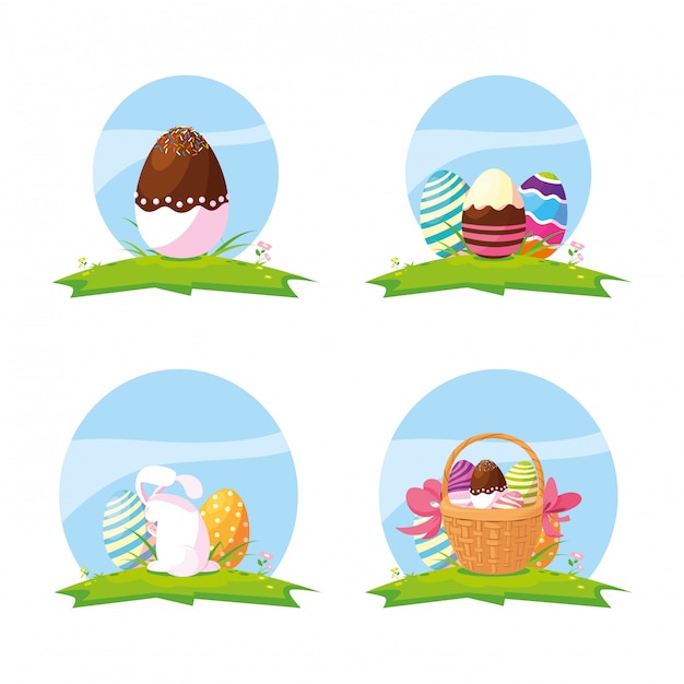 Set of eggs and cute rabbit easter