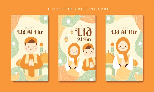 Set of eid al fitr mubarak greeting card islamic cartoon celebration