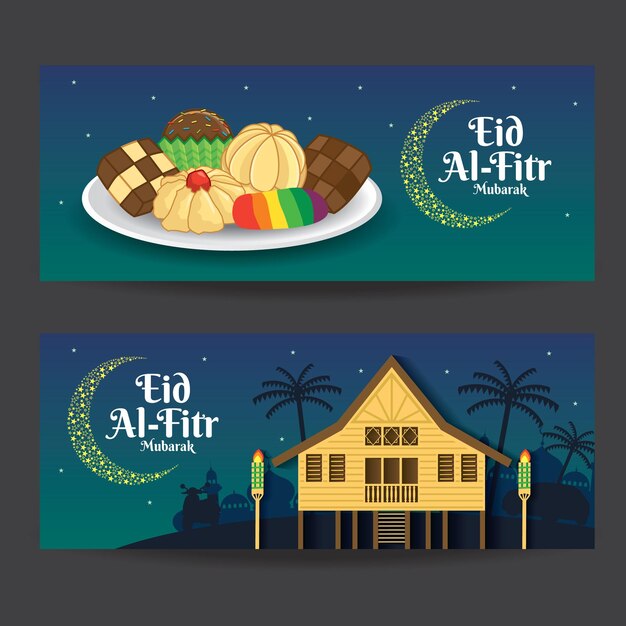 Set di banner di illustrazione vettoriale eid al fitr con villaggio tradizionale malese e cibo