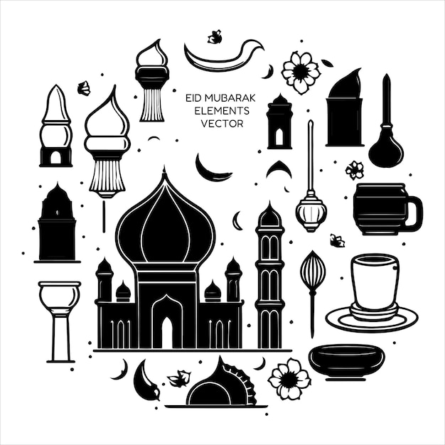 Set di eid mubarak eid al fitr elementi icone illustrazione vettoriale isolato su sfondo bianco