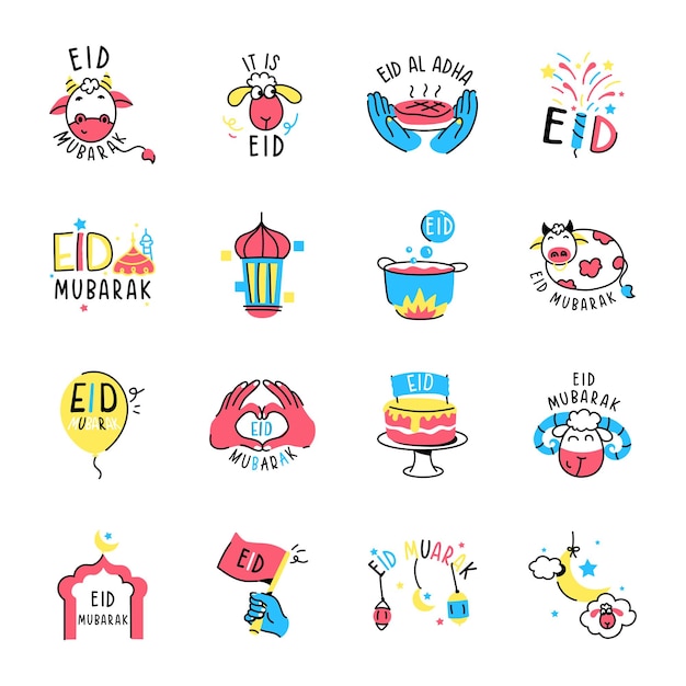 Set of eid wishes doodle icons