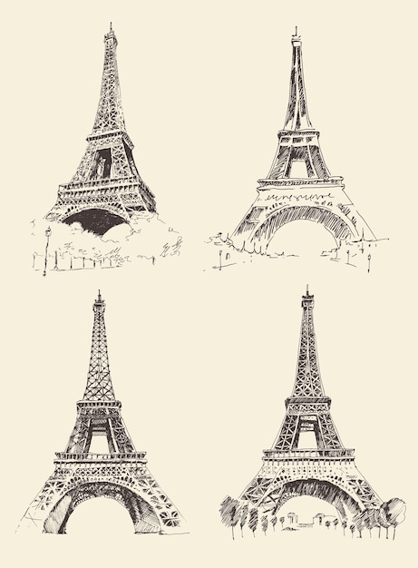 Vettore set di schizzi della torre eiffel, architettura di parigi francia, illustrazione d'epoca incisa, disegnata a mano