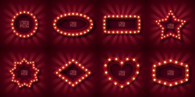 Set of eight advertising signs, emblem for attracting customers. in the form of circle, oval, rectangle, star, rhombus, and heart. with glowing light bulbs along the contour, in red and white beams