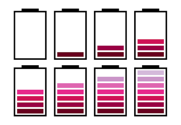 A set of eight batteries with different charge indicators. Vector illustration