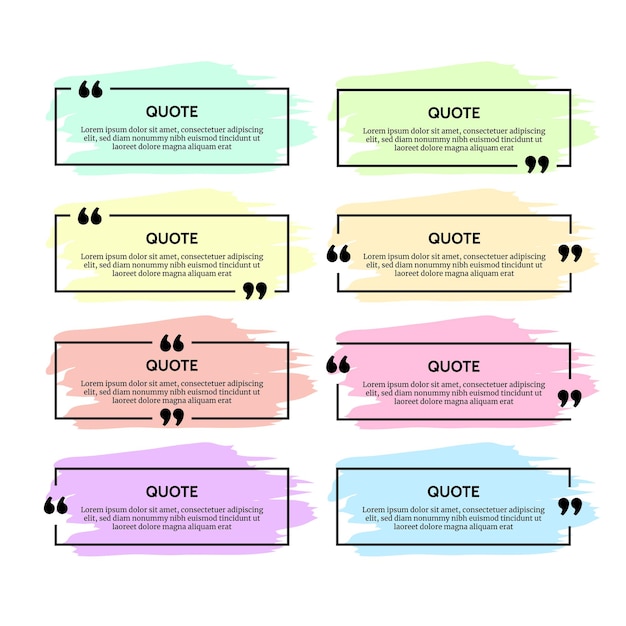 Set di otto telai box citazioni rettangolari neri con macchie di colore isolati su sfondo bianco. illustrazione vettoriale