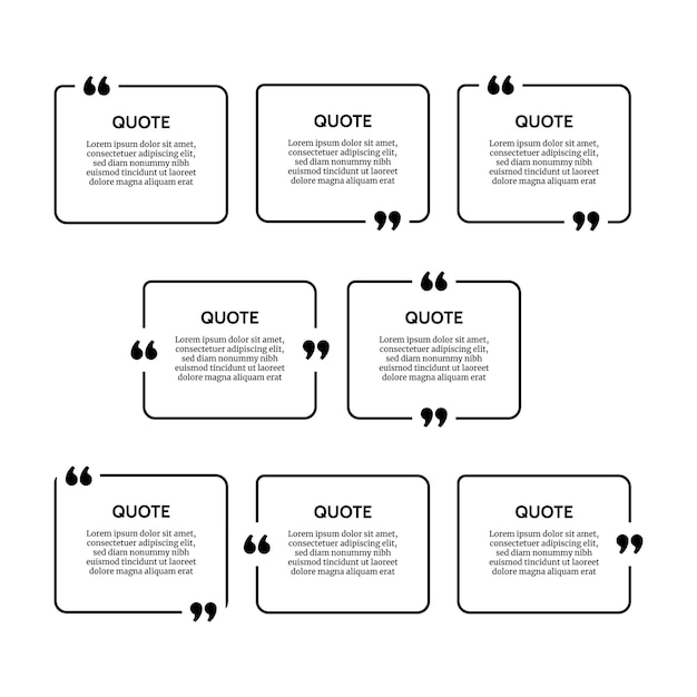 Набор из восьми черных закругленных прямоугольных рамок для цитат, изолированных на белом фоне. Векторная иллюстрация