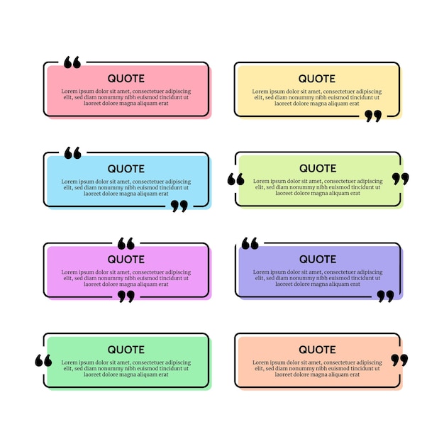 Набор из восьми черных округлых прямоугольных рамок для цитат на многоцветном фоне. Векторная иллюстрация