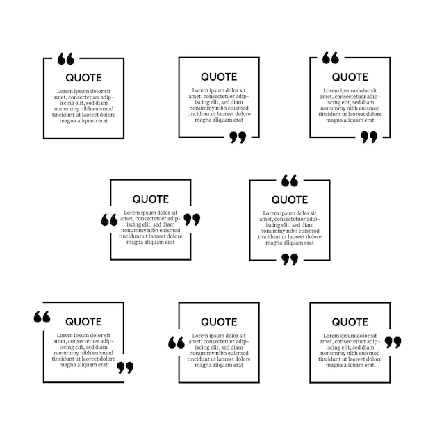 Vettore set di otto cornici di casella citazione quadrato nero isolato su priorità bassa bianca. illustrazione vettoriale