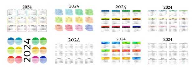 Набор из восьми календарей на 2024 год, выделенных на белом фоне с воскресенья по понедельник.