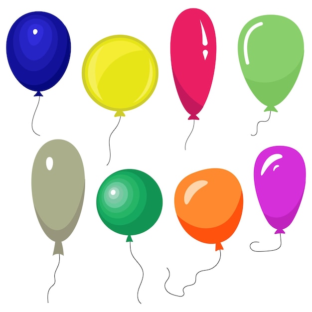 Vector set of eight colorful balloons with a string isolated on white background. vector illustration