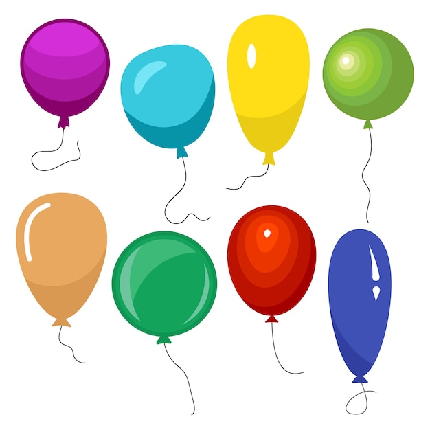 Vector set of eight colorful balloons with a string isolated on white background. vector illustration