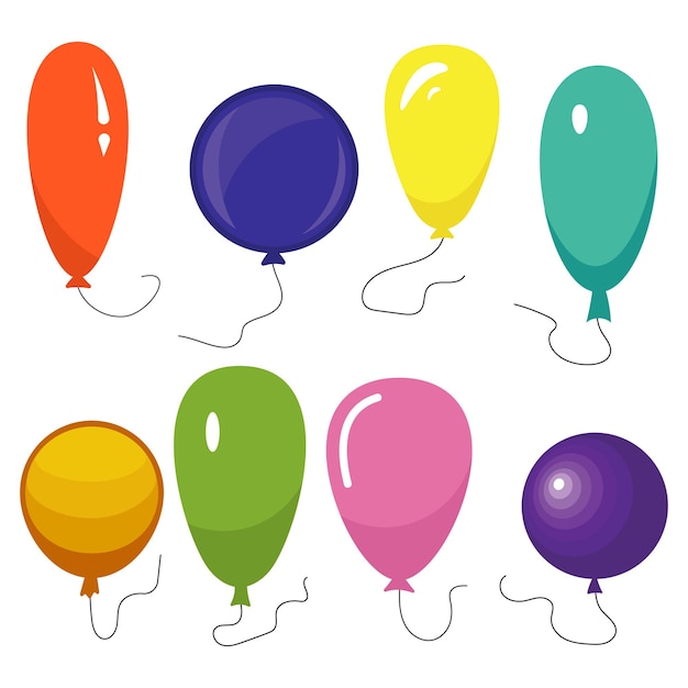 Vector set of eight colorful balloons with a string isolated on white background. vector illustration