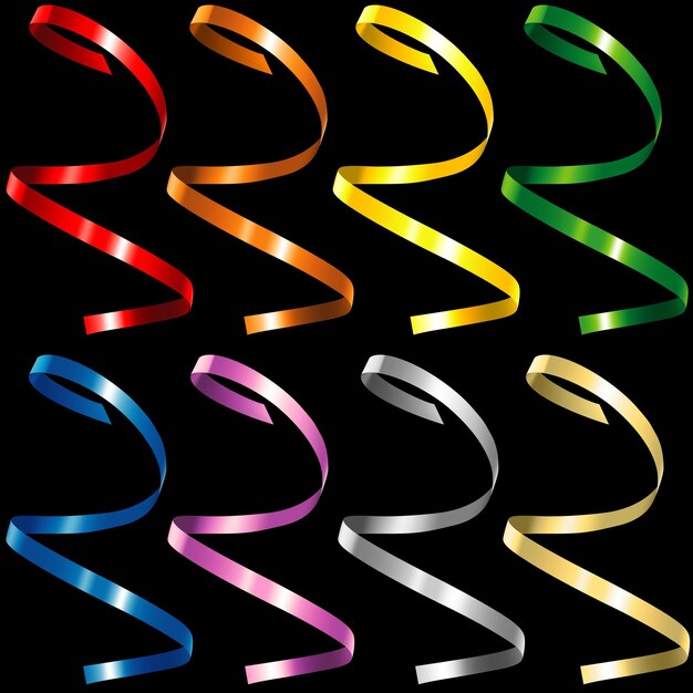 Vector set of eight curly confetti or ribbons isolated on black background