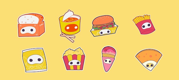 Set of eight cute happy food illustrations