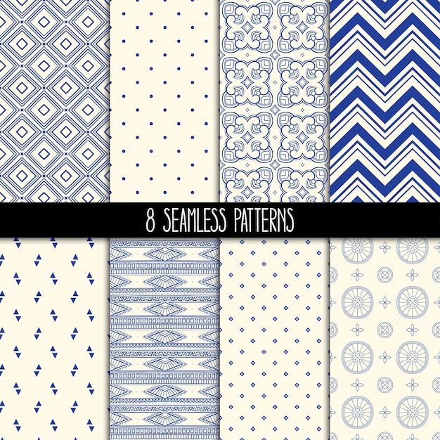 Vector set of eight different ornamental blue patterns ethnic floral and geometric ornaments