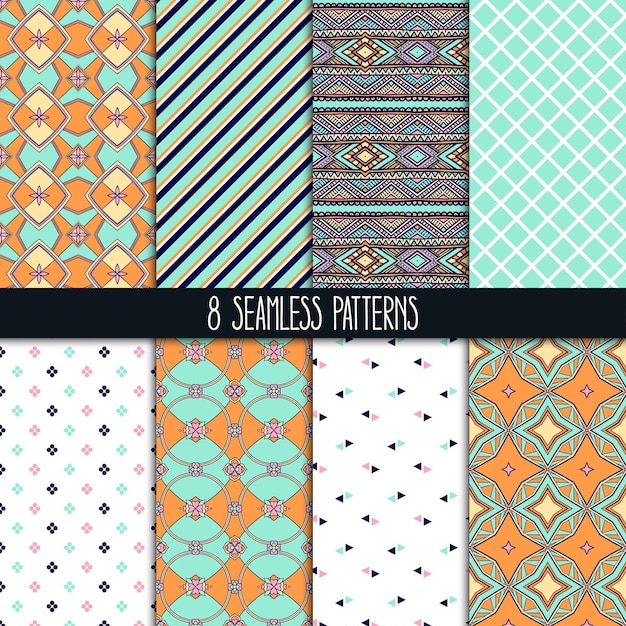 Vector set of eight different ornamental orange and turquoise patterns ethnic floral and geometric ornaments