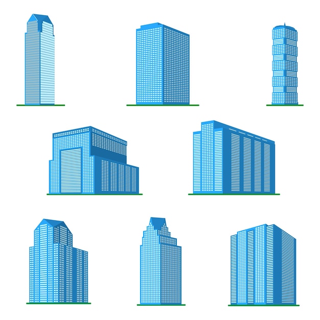 Set of eight modern highrise building on a white background view of the building from the bottom isometric vector illustrationxa