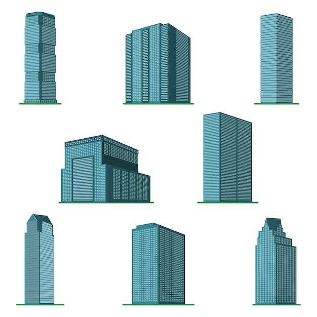 Set of eight modern highrise building on a white background View of the building from the bottom Isometric vector illustrationxA