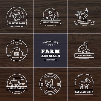 Set di otto loghi moderni in stile lineare con animali da fattoria con spazio per il testo o il nome dell'azienda