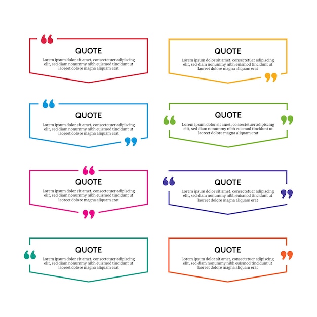 Set di otto telai di casella citazione multicolori isolati su priorità bassa bianca. illustrazione vettoriale