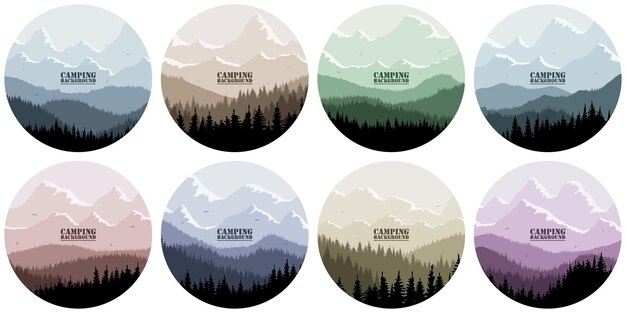 A set of eight round logo for camping, hunting season. silhouette of spruce forest and mountains on the horizon. birds are flying. calmness, pacification. in multicolored tones.