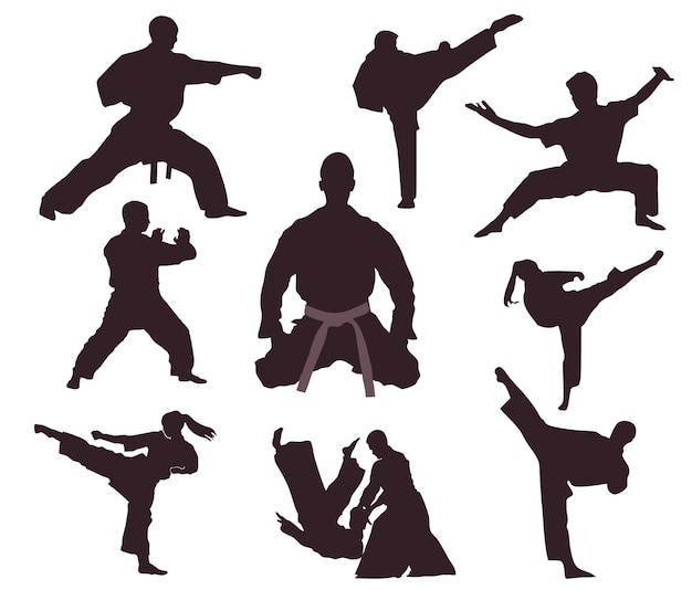 Набор из восьми силуэтов каратистов и мастеров боевых искусств. каратэ, айкидо