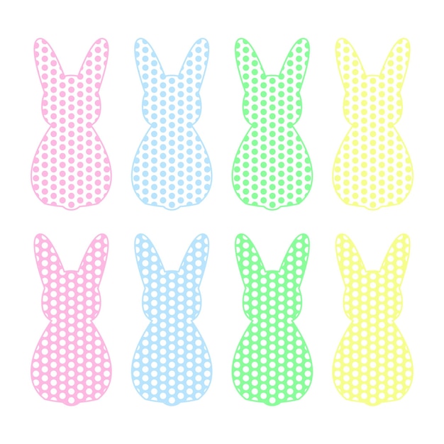 Set of eight silhouettes of rabbits in polka dots