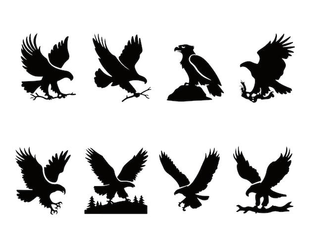 Vector a set of eight unique and different eagle silhouettes