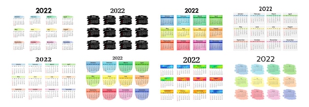 Набор из восьми вертикальных календарей на 2022 год, изолированных на белом фоне. С воскресенья по понедельник, деловой шаблон. Векторная иллюстрация