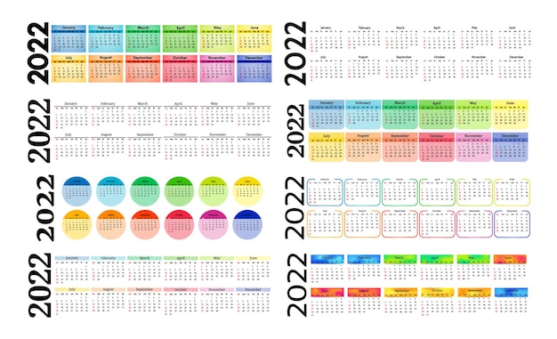 흰색 배경에 격리된 2022년 8개의 수직 달력 세트. 일요일부터 월요일까지, 비즈니스 템플릿입니다. 벡터 일러스트 레이 션