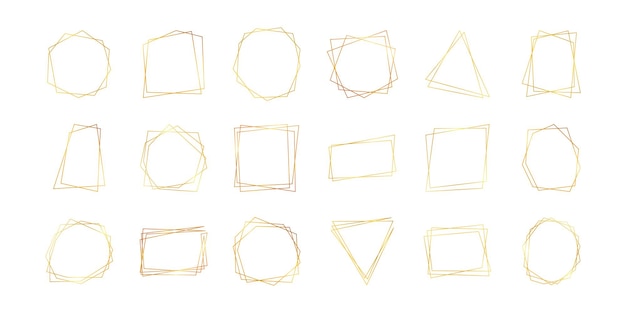 Set of eighteen gold geometric polygonal frames with shining effects isolated on white background. empty glowing art deco backdrop. vector illustration.