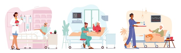 Vector set of elderly people hospitalization medical concept senior diseased male and female characters lying in bed at clinic