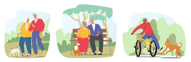 Set di anziani che camminano con il cane nel parco personaggi maschili e femminili invecchiati coppia rilassata passeggiata seduta su una panchina