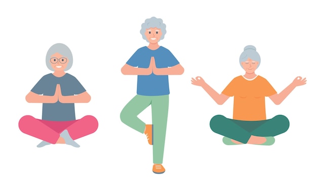 set of elderly women doing yoga senior female characters in yoga position sport active lifestyle