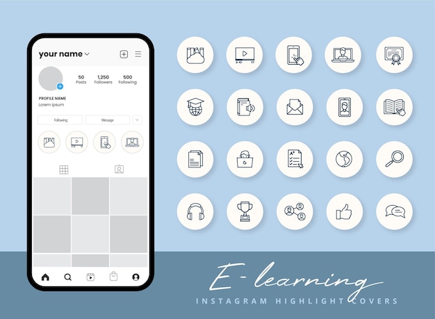 Set di icone di elearning per le copertine dei momenti salienti della storia di instagram