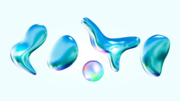 Vector set of electric blue liquid metallic shapes