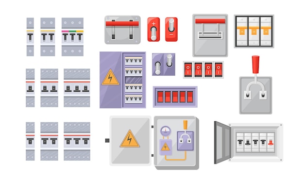 Установите электрические выключатели Switchbox электричество и энергетическое оборудование красные кнопки, контактный выключатель, изолированные на белом фоне. Управление питанием, панель распределительного щита с токарями. Векторные иллюстрации шаржа