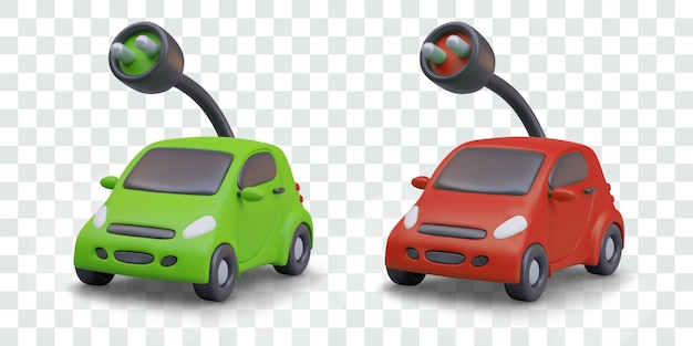 set of electric cars of different colors red and green vehicle with battery