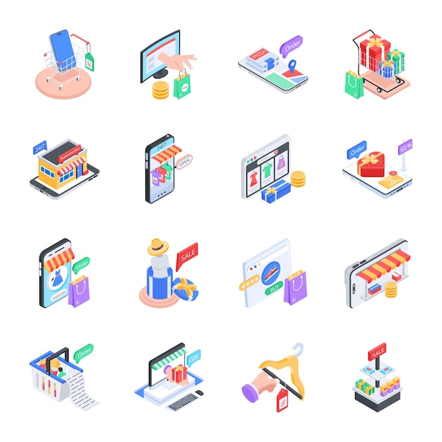 Vector set of electronic shopping offers isometric icons