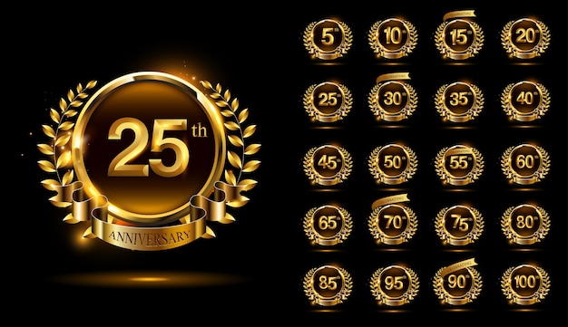 Set di logo di celebrazione dell'anniversario di eleganza con anello e nastro e design a ghirlanda