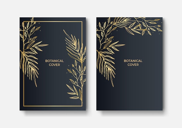 Set of elegant brochure, card, cover. Black and golden marble texture. Vintage gold background. Geometric frame. Palm exotic leaves. Botanical art